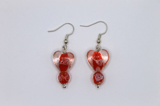 Glass Heart Drop Earrings, Red