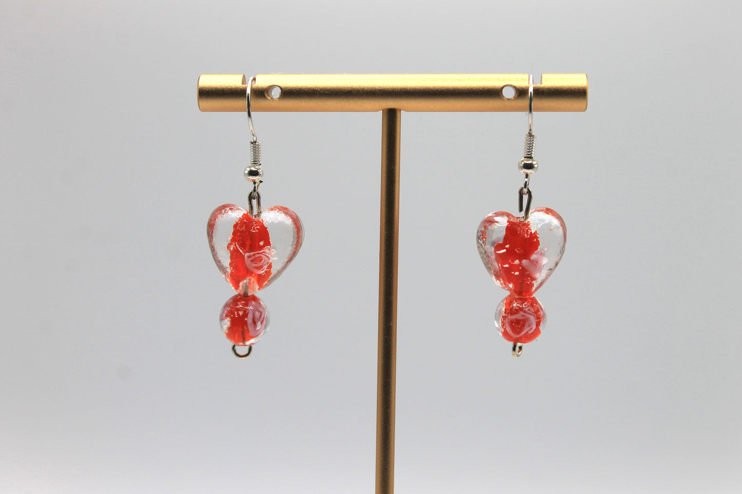 Glass Heart Drop Earrings, Red