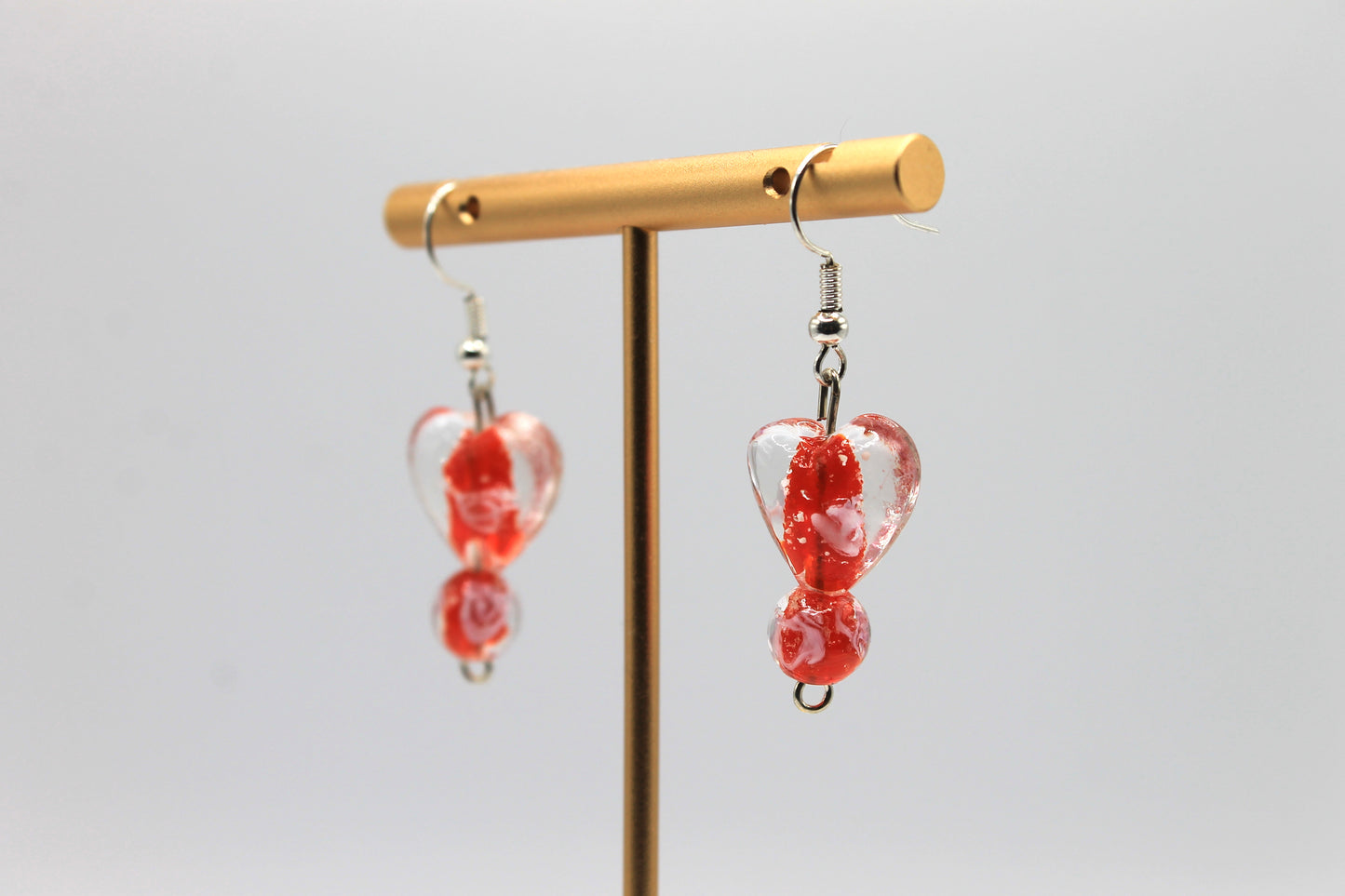 Glass Heart Drop Earrings, Red