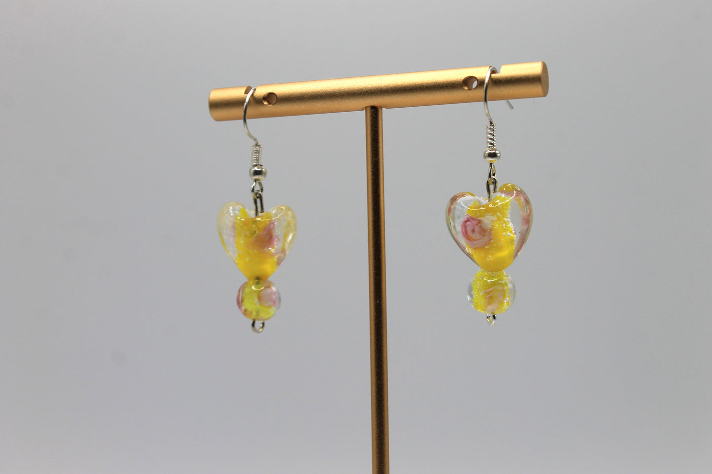 Glass Heart Drop Earrings, Yellow