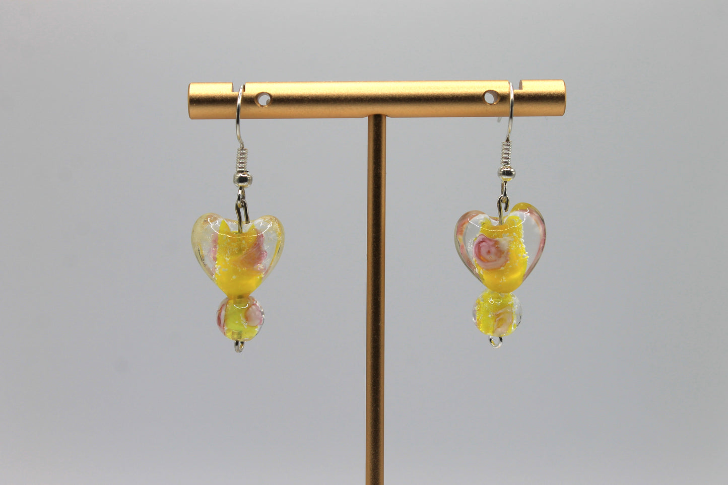 Glass Heart Drop Earrings, Yellow