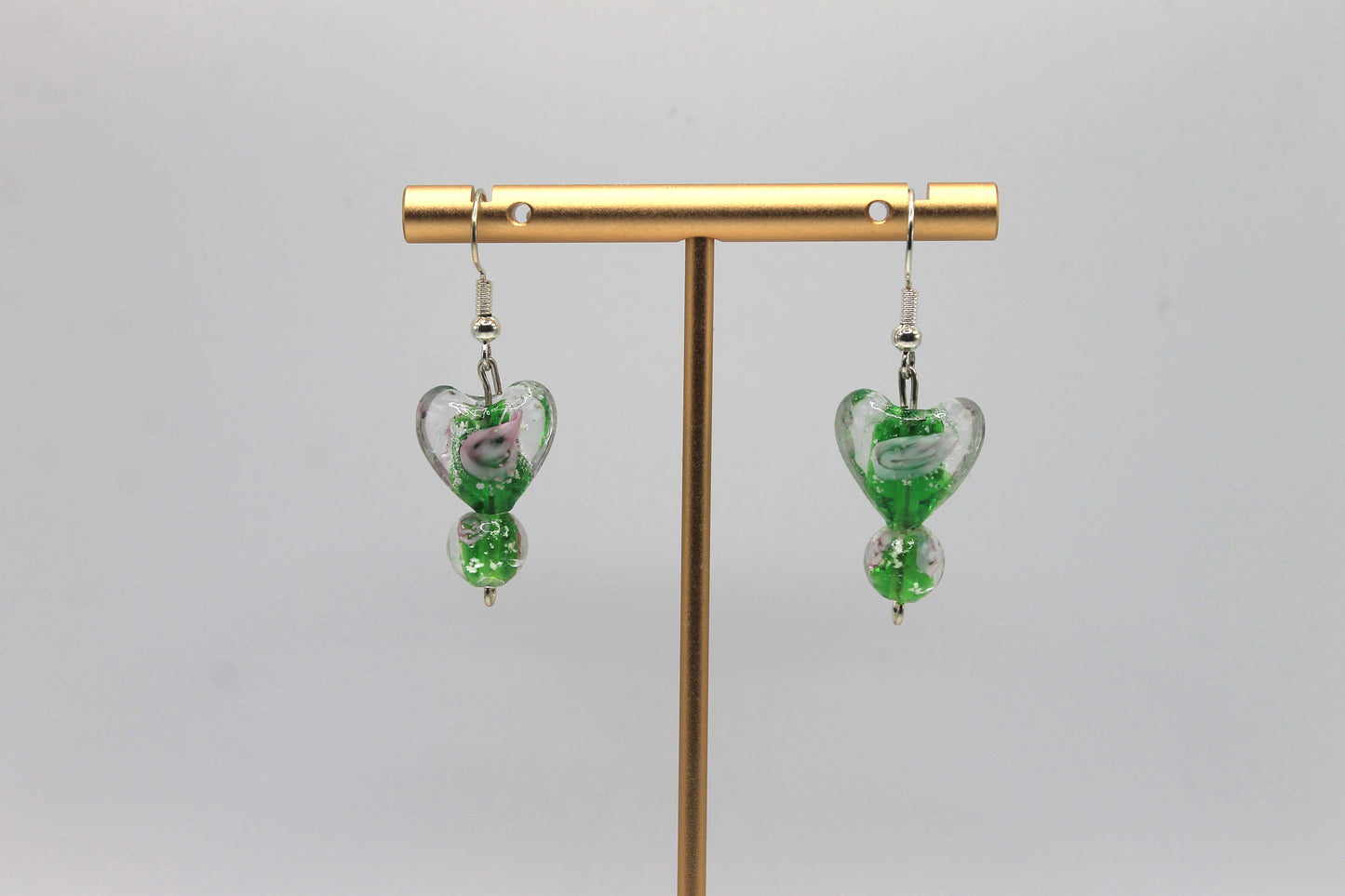 Glass Heart Drop Earrings, Green