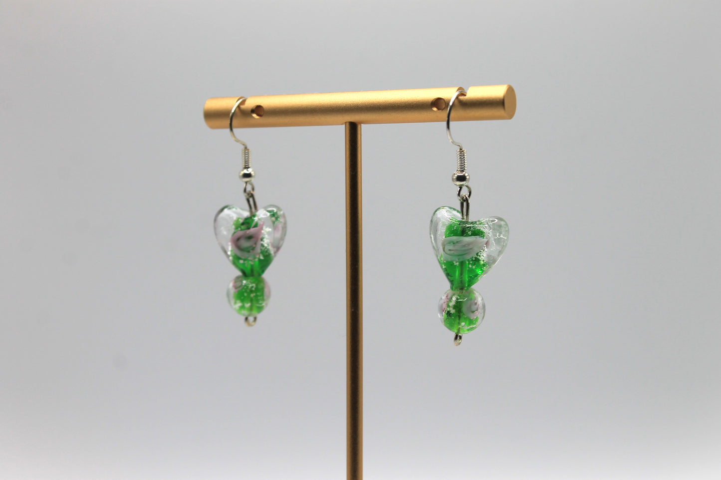 Glass Heart Drop Earrings, Green