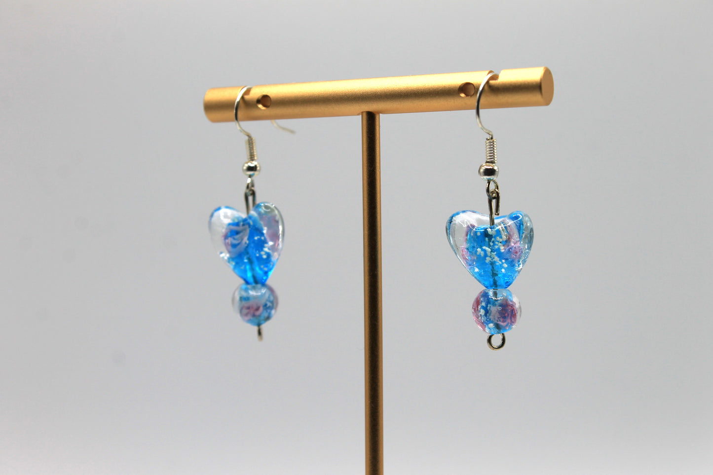 Glass Heart Drop Earrings, Light Blue