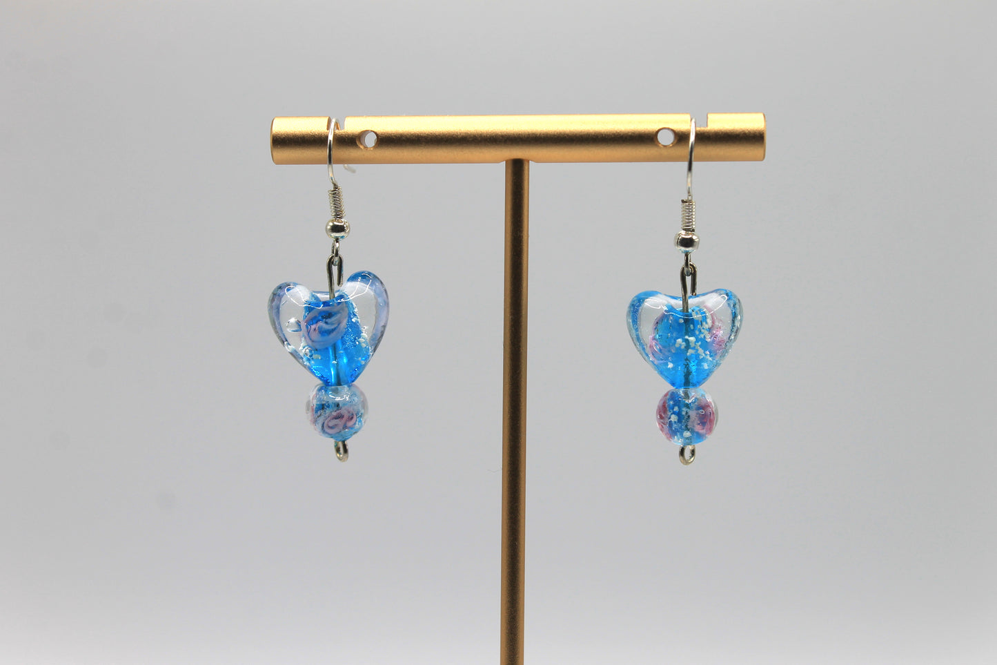 Glass Heart Drop Earrings, Light Blue