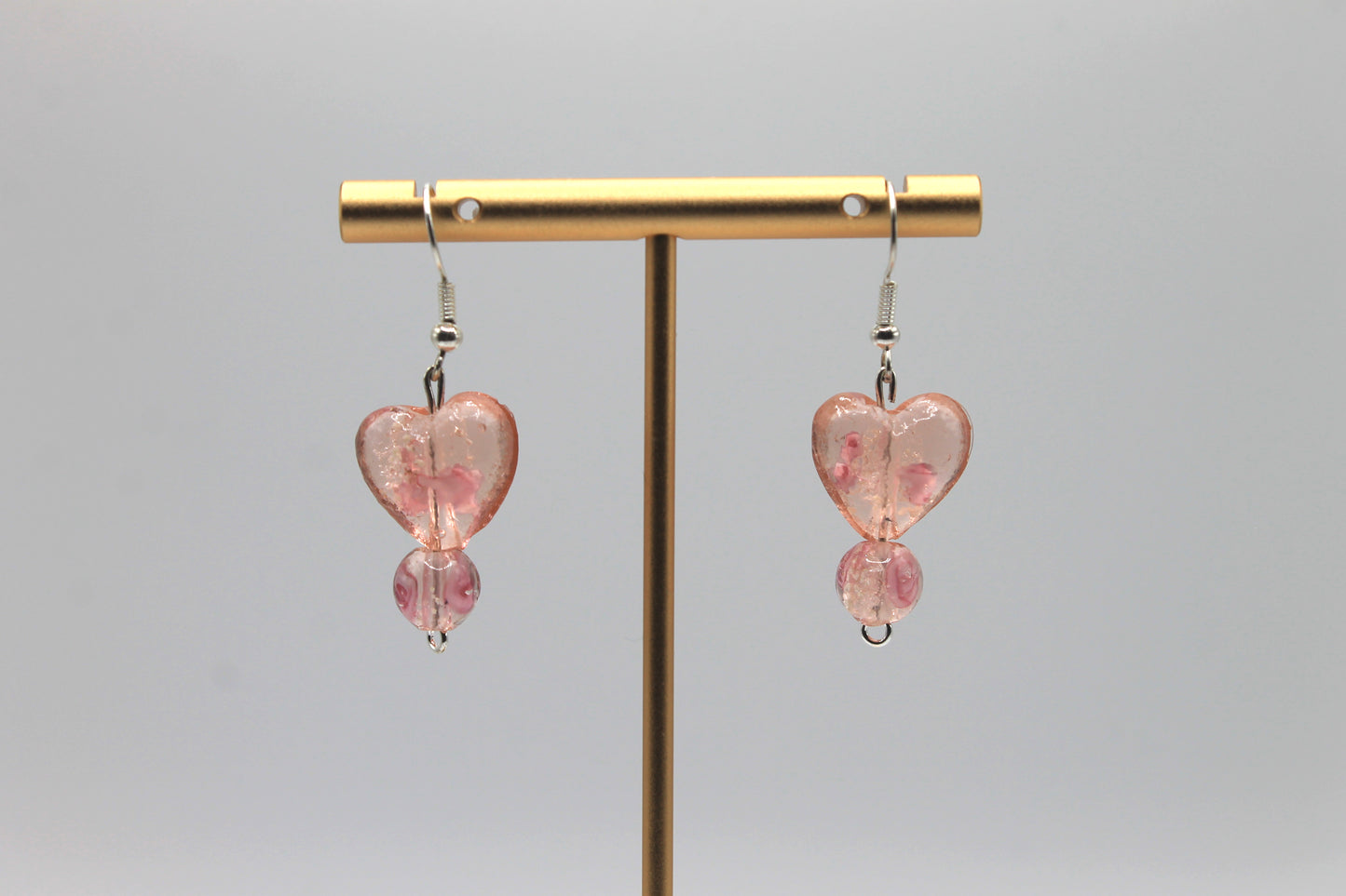 Glass Heart Drop Earrings, Pink