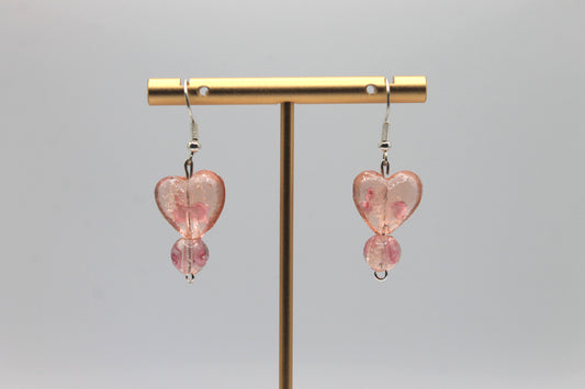 Glass Heart Drop Earrings, Pink