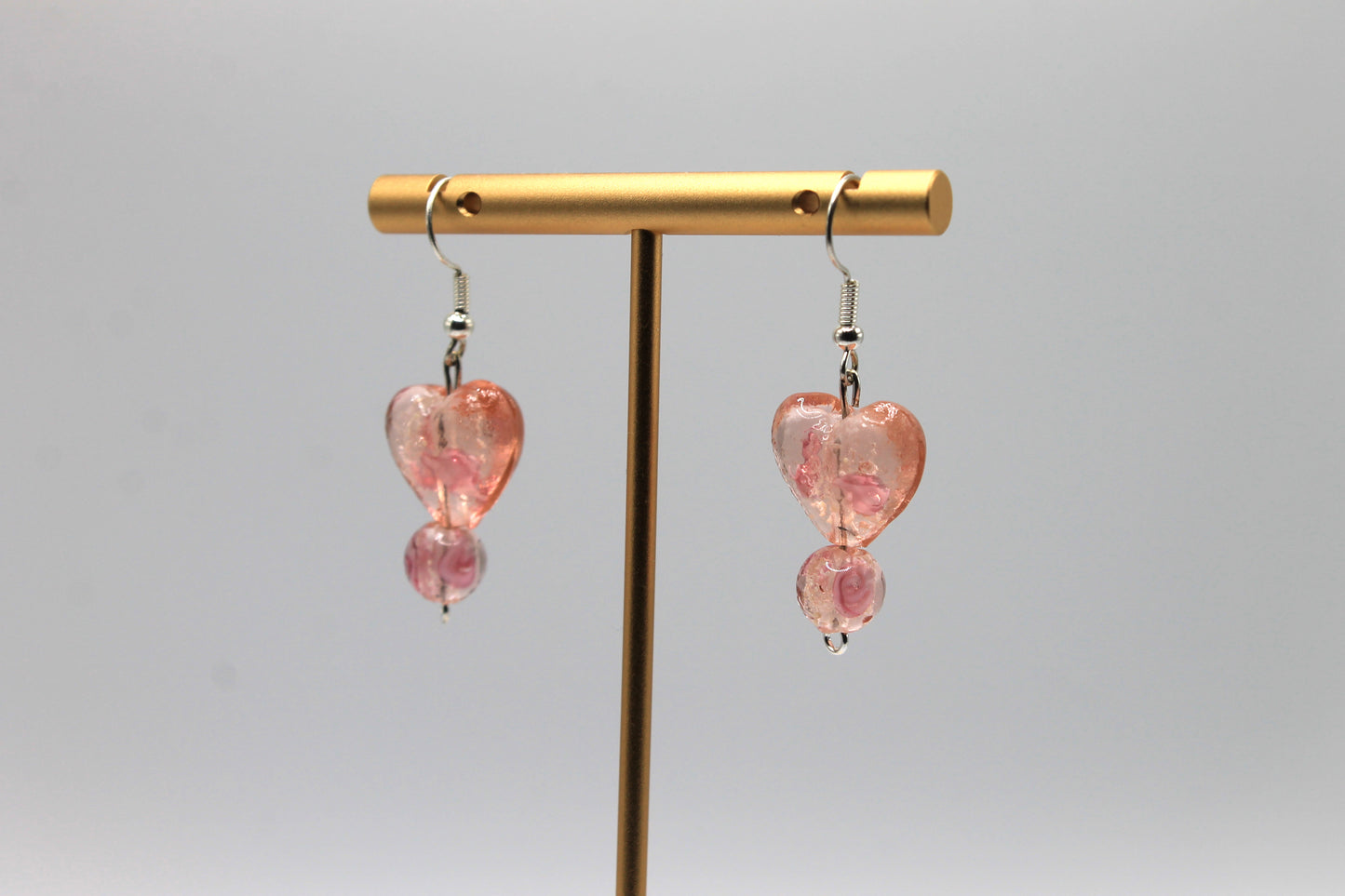 Glass Heart Drop Earrings, Pink