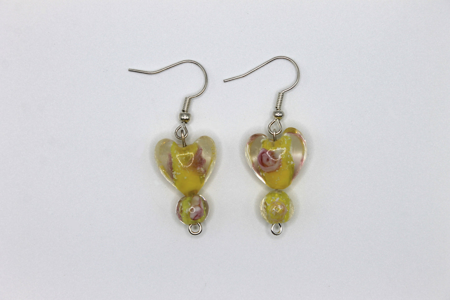 Glass Heart Drop Earrings, Yellow