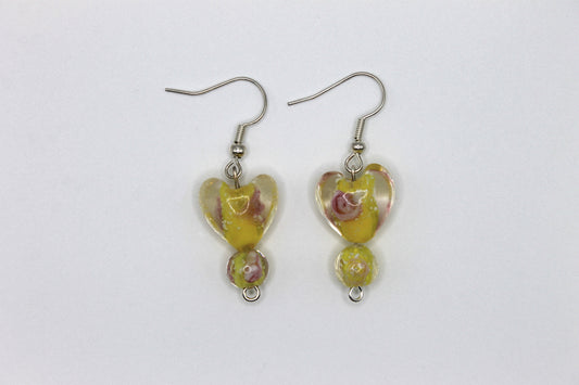 Glass Heart Drop Earrings, Yellow