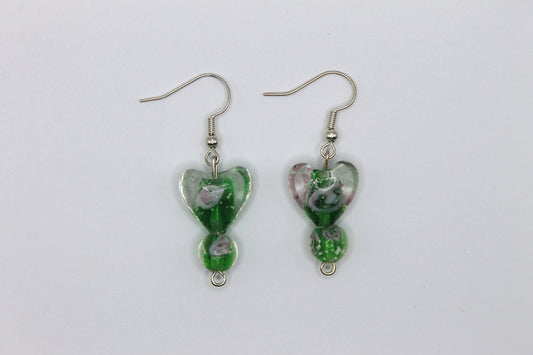 Glass Heart Drop Earrings, Green