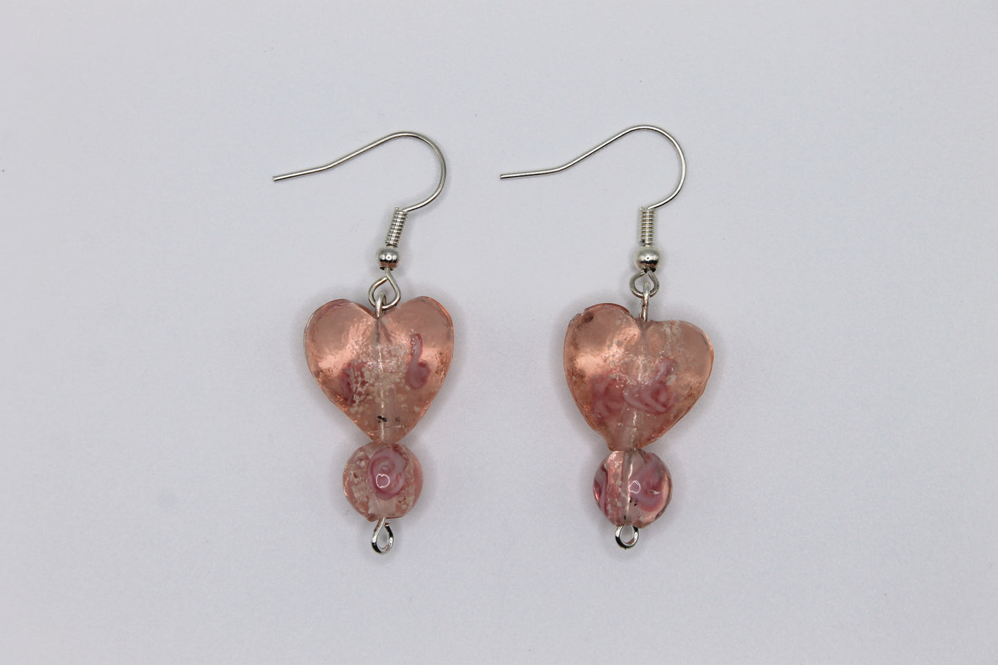 Glass Heart Drop Earrings, Pink