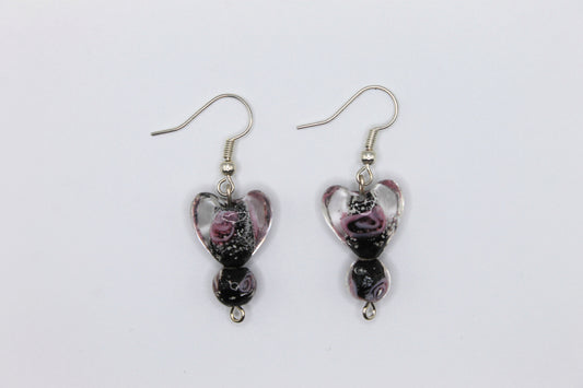 Glass Heart Drop Earrings, Black