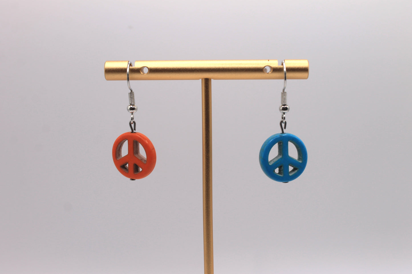 Mismatched Peace Sign Earrings, Orange and Blue