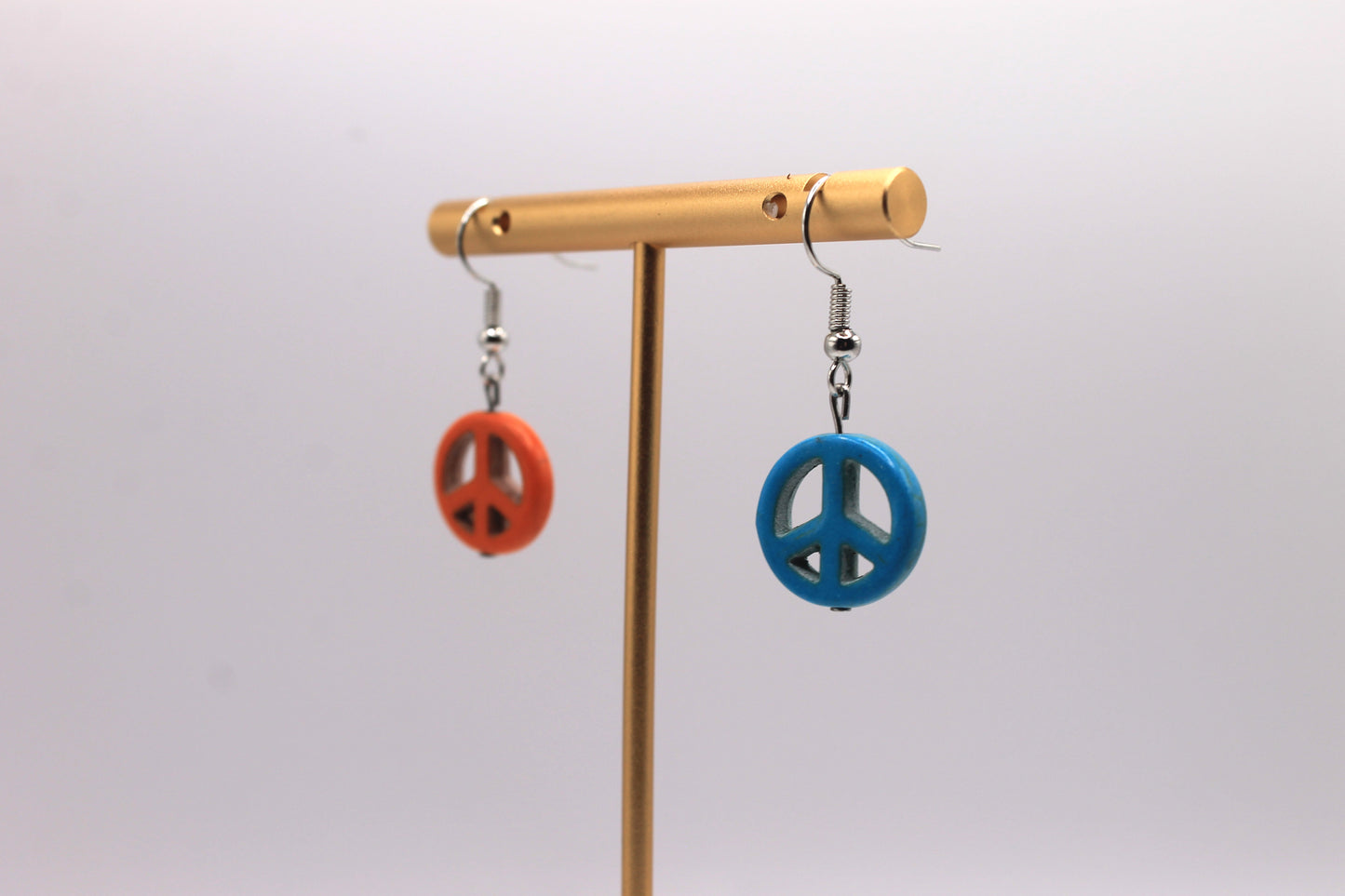 Mismatched Peace Sign Earrings, Orange and Blue