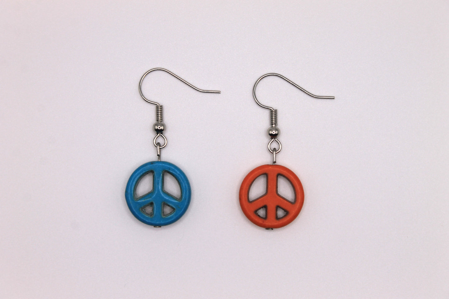 Mismatched Peace Sign Earrings, Orange and Blue