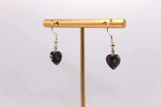 Millefiori Glass Heart Earrings, Brown