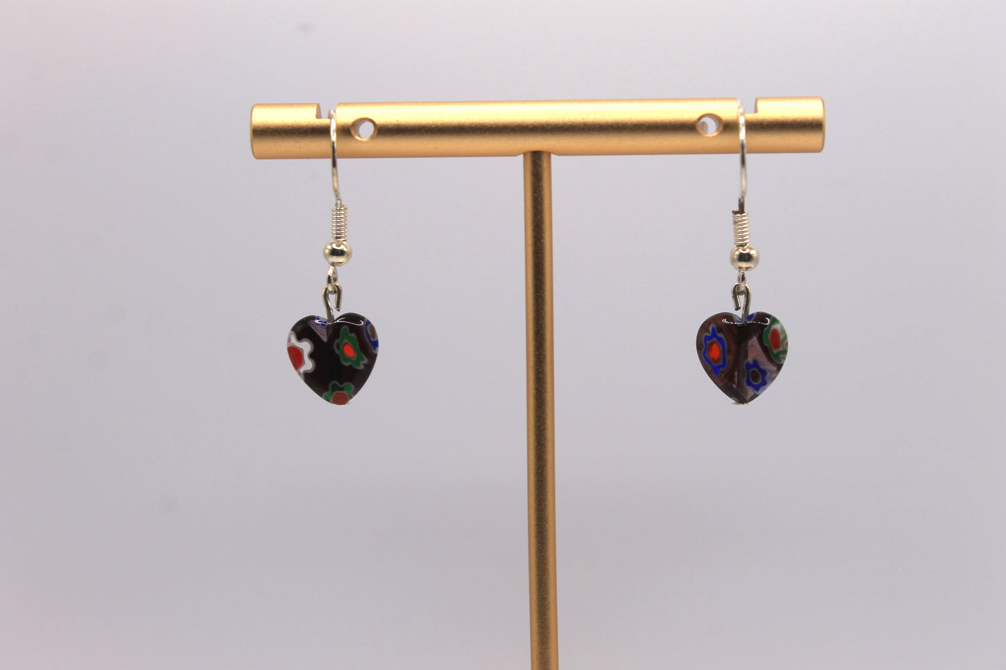 Millefiori Glass Heart Earrings, Brown