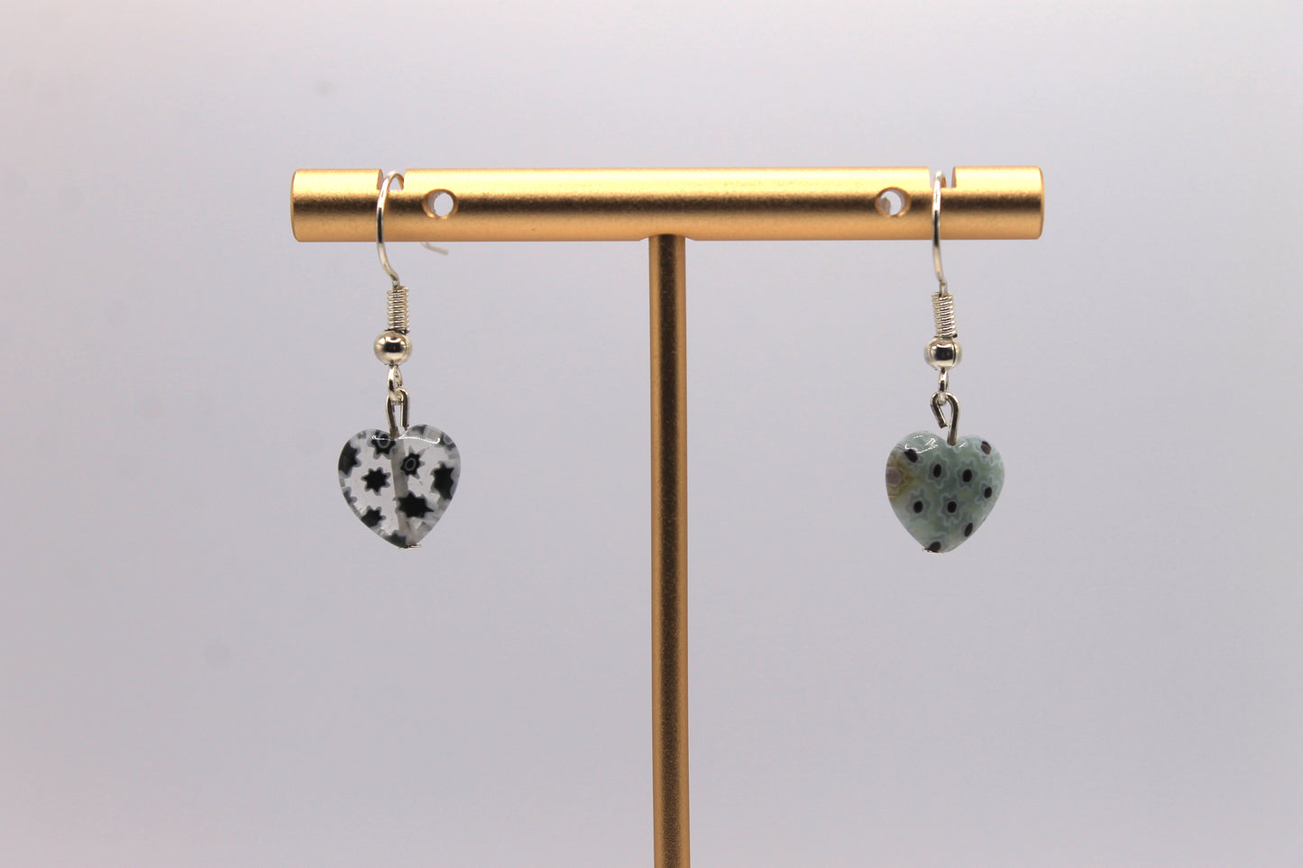 Millefiori Glass Heart Earrings, Mismatched