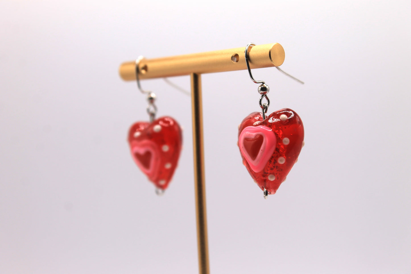 Lampworked Heart Earrings, Pink