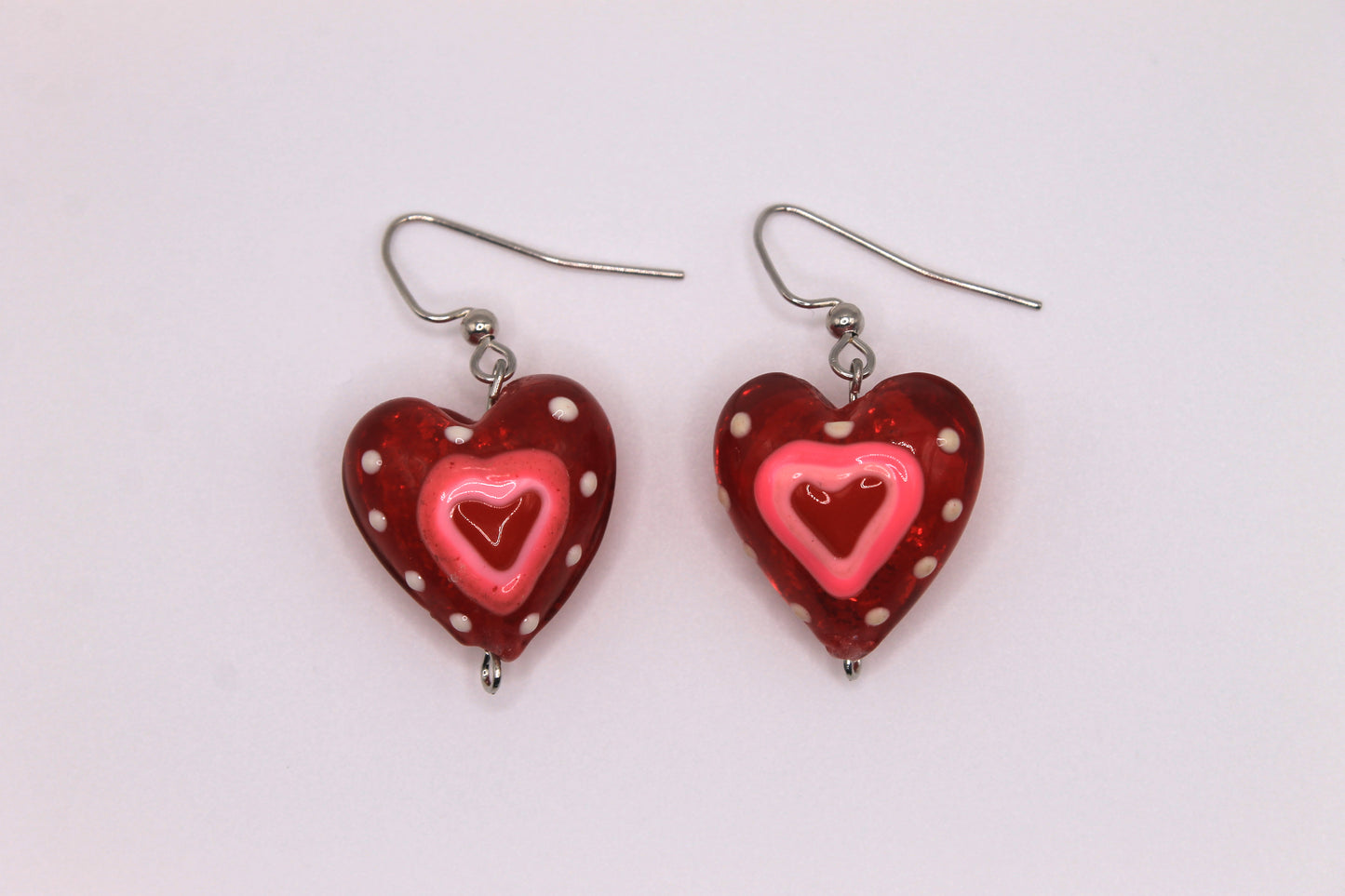 Lampworked Heart Earrings, Pink