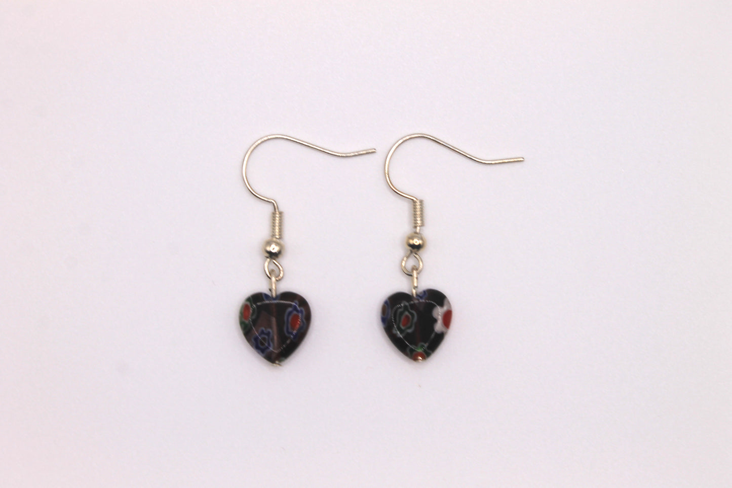 Millefiori Glass Heart Earrings, Brown