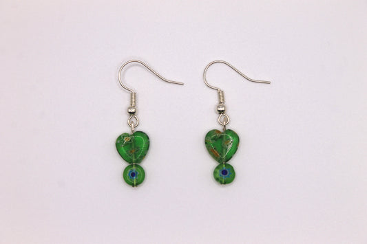 Millefiori Glass Heart Earrings, Green