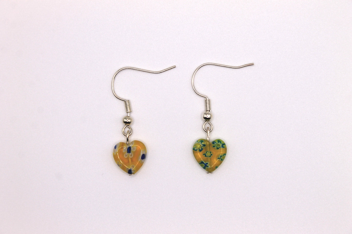 Millefiori Glass Heart Earrings, Yellow