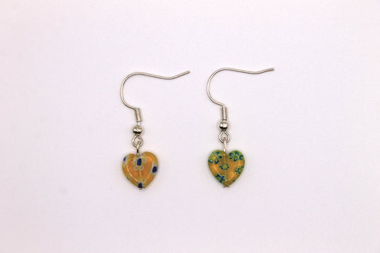 Millefiori Glass Heart Earrings, Yellow