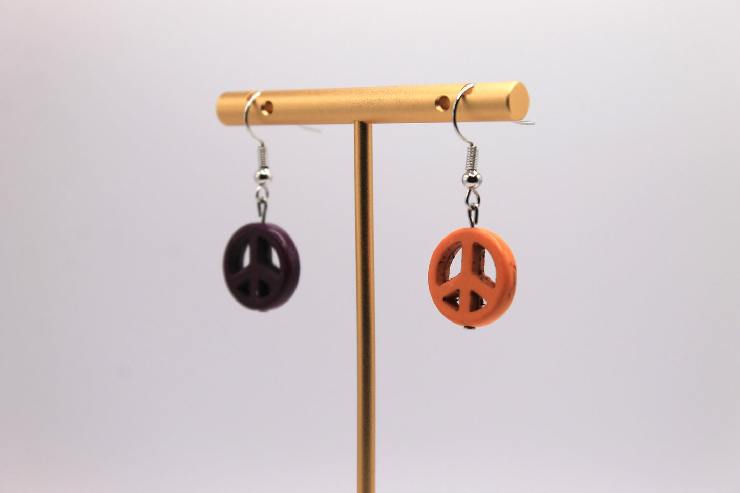 Mismatched Peace Sign Earrings, Orange and Purple