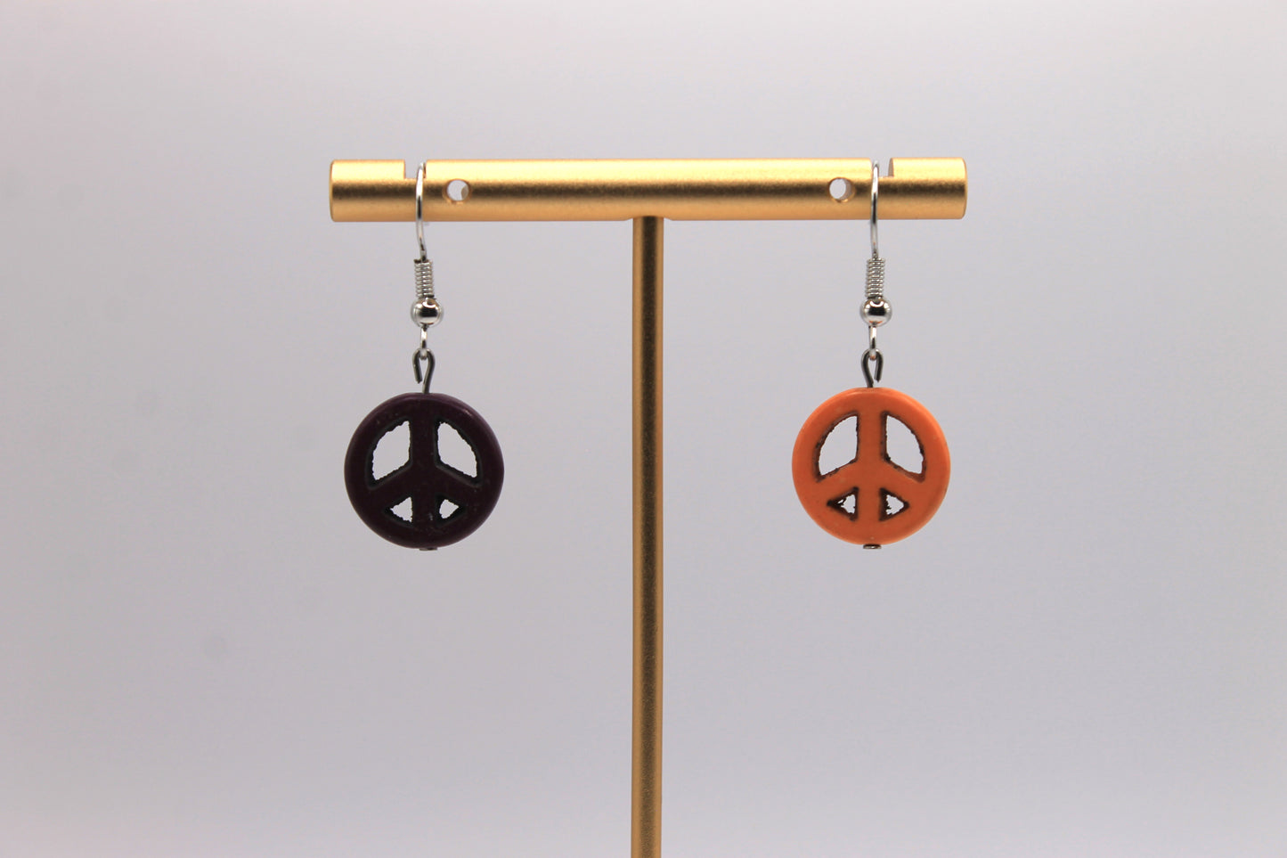 Mismatched Peace Sign Earrings, Orange and Purple