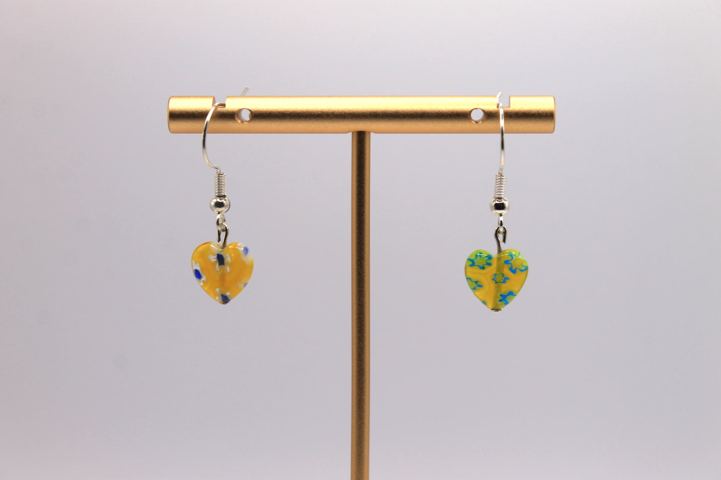 Millefiori Glass Heart Earrings, Yellow