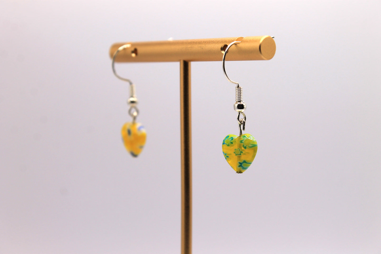 Millefiori Glass Heart Earrings, Yellow